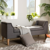Baxton Studio TSF7739-Grey/Natural Oak-Bench Perret Modern and Contemporary Gray Linen Fabric Upholstered Oak Brown Finished Wood Bench